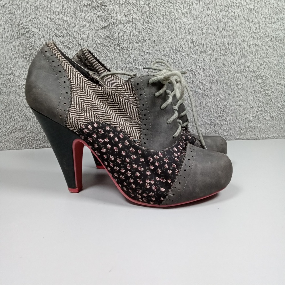 Hot Tomato Grey Tweed Floral‎ Lace Up Oxford Heels Pink Sole Size 7M